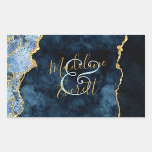 Marine Blauw Gouden Folie Agaat Monogram Bruiloft Rechthoekige Sticker
