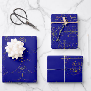 Marine Blauw Gouden Folie Art Deco Kerstpatroon Inpakpapier Vel