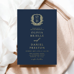 Marine Blauw Gouden Folie Crest Monogram Huwelijk Folie Uitnodiging