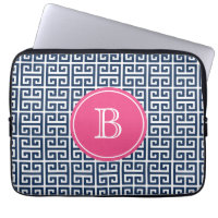 Marine Blauw Grieks Sleutelpatroon Hot Roze Monogr