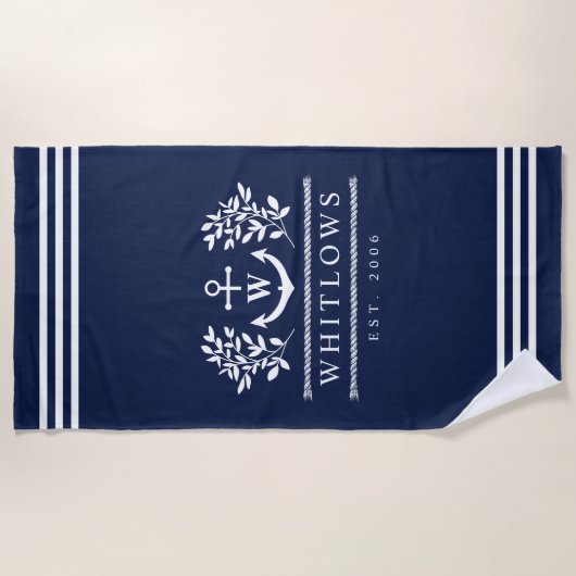 Marine Blauw Groen Nautisch Monogram Lake House Strandlaken (Voorkant)