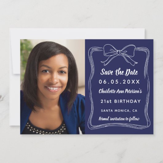 Marine blauw hand-getekende boog foto verjaardag save the date (Voorkant)