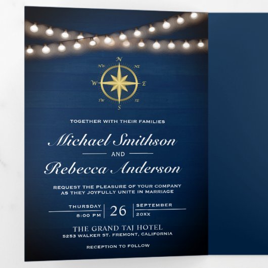 Marine Blauw Hout Nautisch Goud Kompas Bruiloft Drieluik Uitnodiging (Binnenzijde eerst)