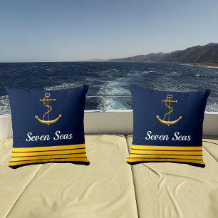 Marine blauw jacht boot goud anker captain strepen kussen