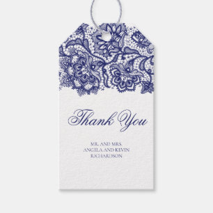 Marine Blauw Kant Elegant Bruiloft Cadeaulabel