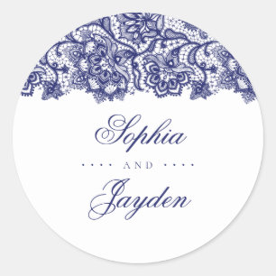 Marine Blauw Kant Elegant Bruiloft Ronde Sticker