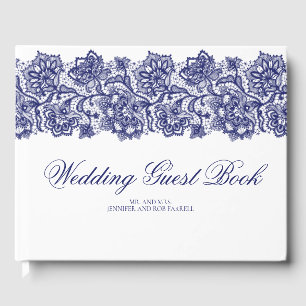 Marine Blauw Kant Elegant Wit Bruiloft Gastenboek