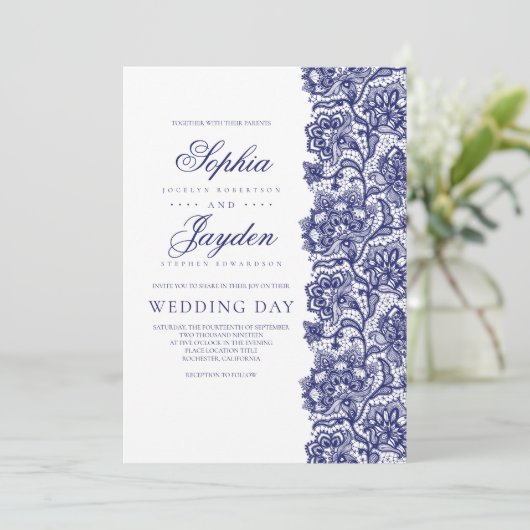 Marine Blauw Kant Elegante en Moderne Bruiloft Kaart