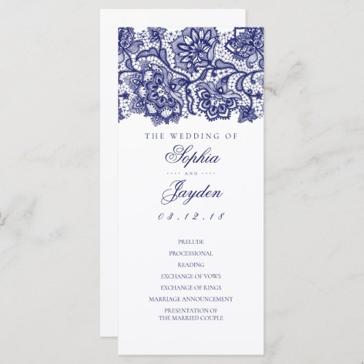 Marine Blauw Kant Elegante Witte Huwelijksprogramm Programma (Voorkant / Achterkant)