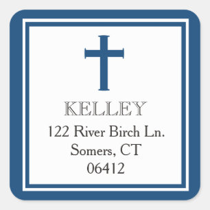 Marine Blauw Kruis Eerste Communie Adres Vierkante Sticker