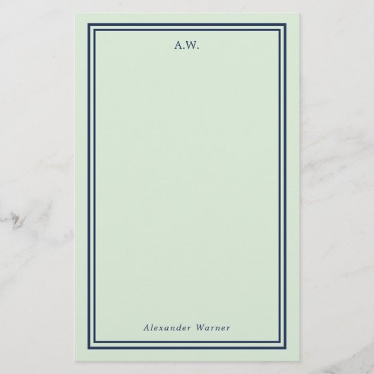 Marine Blauw & Licht Groen Monogrammed Briefpapier (Voorkant)