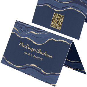 Marine Blauw Marmer Agaat Geode Goud QR Code Visitekaartjes