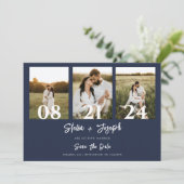 Marine Blauw Modern Drie Foto's Collage Chique Bru Save The Date (Staand voorkant)