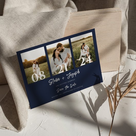Marine Blauw Modern Drie Foto's Collage Chique Bru Save The Date