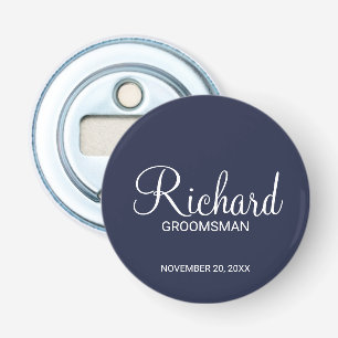 Marine Blauw Modern Script Gepersonaliseerde Groom Button Flesopener