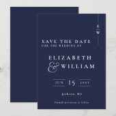 Marine Blauw Moderne Elegante Monogram Trouwen Save The Date (Voorkant / Achterkant)