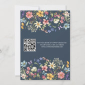 Marine Blauw Moderne QR Code Wildflower Wedding Kaart (Achterkant)