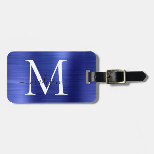 Marine Blauw Monogram Geborsteld Metaal Girly Scri Bagagelabel