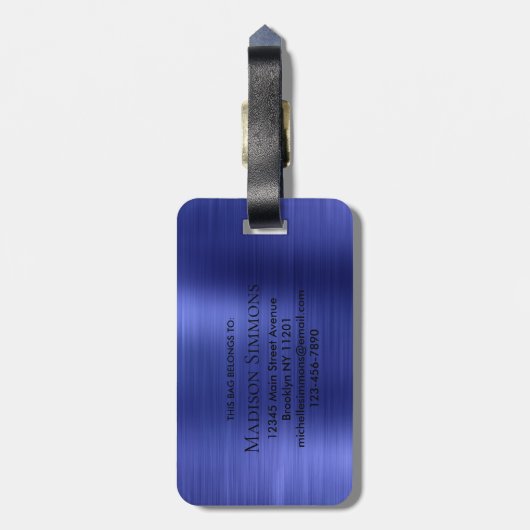 Marine Blauw Monogram Geborsteld Metaal Girly Scri Bagagelabel (Achterkant verticaal)