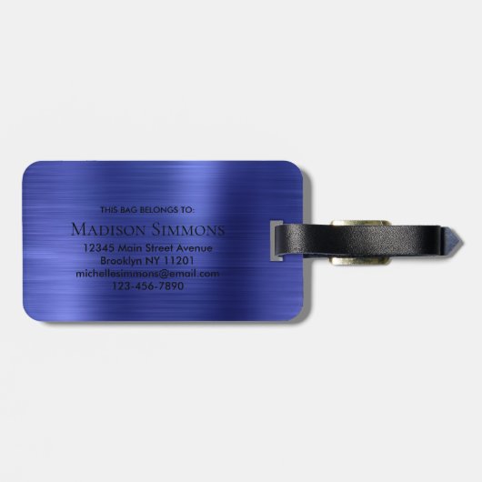 Marine Blauw Monogram Geborsteld Metaal Girly Scri Bagagelabel (Achterkant horizontaal)