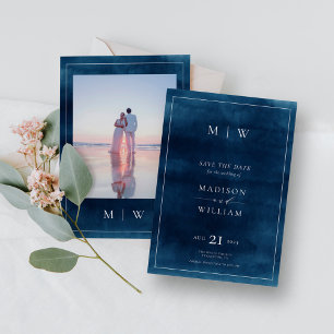 Marine Blauw Monogram & Grens Elegante Foto Save The Date