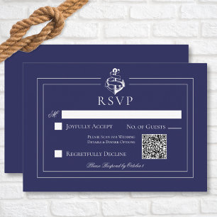 Marine Blauw Nautisch Anker Bruiloft QR Code RSVP Kaartje