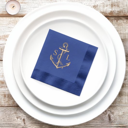 Marine Blauw Nautisch Anker Huwelijk Monogram Goud Folie Servetten (Insitu)