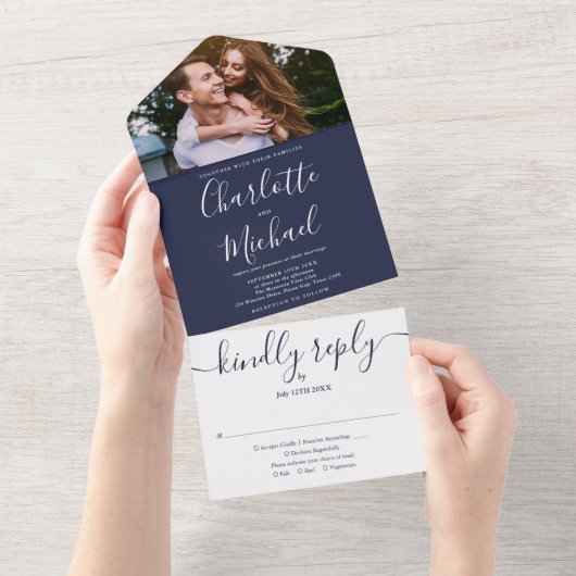 Marine Blauw Nautisch Anker Monogram Foto Bruiloft All In One Uitnodiging (Afscheurbaar)