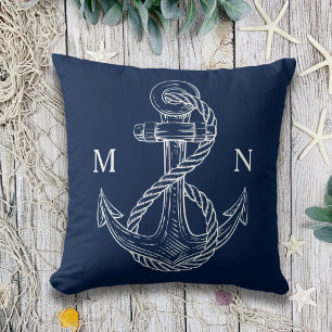 Marine Blauw Nautisch Anker Monogram Outdoor Kussen