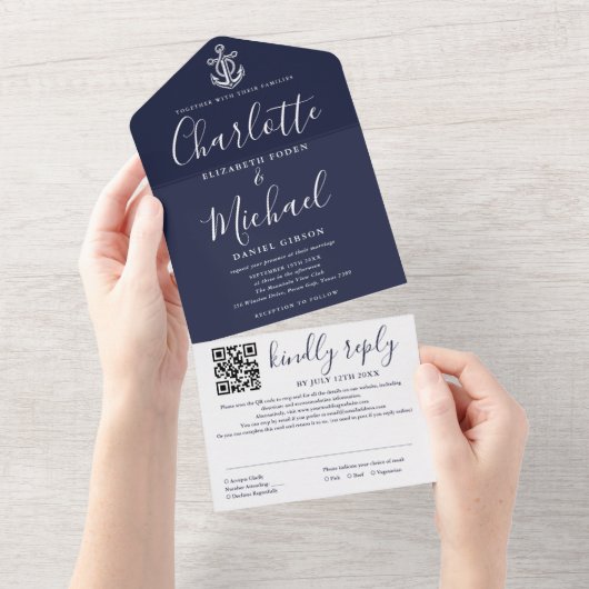 Marine Blauw Nautisch Anker Script QR Code Bruilof All In One Uitnodiging (Afscheurbaar)