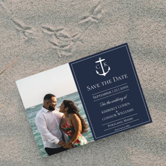 Marine Blauw Nautisch Monogram Foto Opslaan van de Save The Date