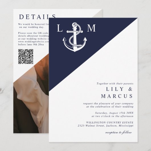 Marine Blauw Nautisch Monogram Trouwfoto QR-code Kaart (Voorkant / Achterkant)