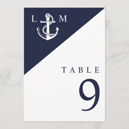 Marine Blauw Nautisch Monogram Trouwtafel Nummer Kaart (Voorkant)