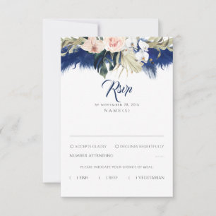 Marine Blauw Pampas Grass Bloemen Tropen Bruiloft RSVP Kaartje