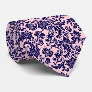 Marine Blauw & Pastel Roze Bloemen Damast Patroon Stropdas
