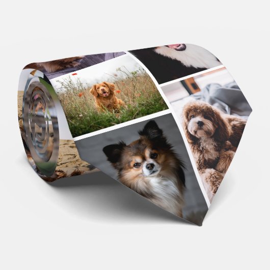 Marine Blauw Poot Print Patroon Hond Foto Collage Stropdas (Opgerold)