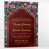 Marine Blauw Rood Rozen Bloemen Goud Indische Brui Drieluik Uitnodiging (Binnenzijde eerst)