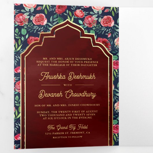 Marine Blauw Rood Rozen Bloemen Goud Indische Brui Drieluik Uitnodiging (Binnenzijde eerst)