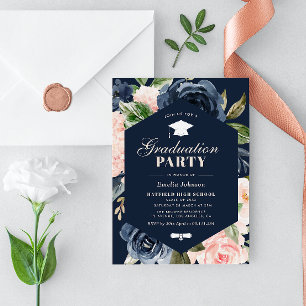 Marine Blauw & Roze Bloemen Afstudeerfeest Kaart