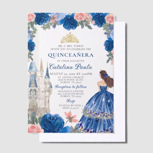 Marine Blauw Roze Goud Tiara Prinses Quinceañera Vellum Uitnodigingen (Offset)
