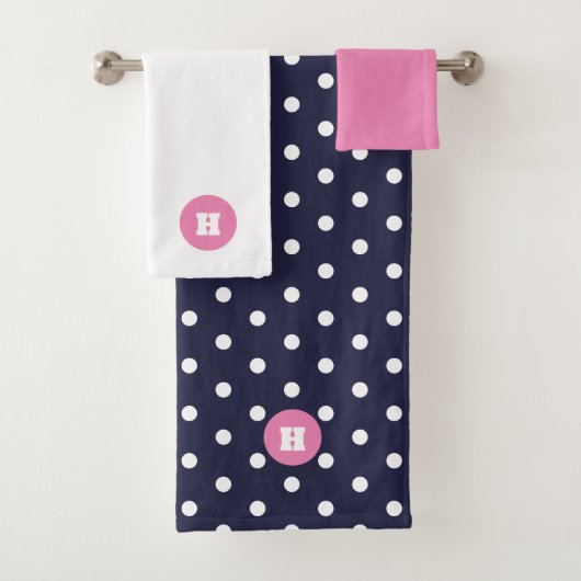 Marine Blauw Roze Polka Dot Monogram Badhanddoek S Bad Handdoek (Insitu)