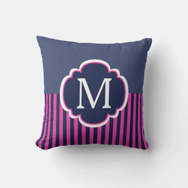 Marine Blauw Roze Strepen Monogram Kussen (Voorkant)