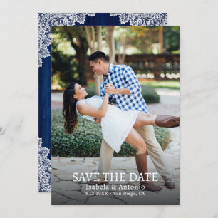 Marine Blauw Rustiek Hout Bloemen Kant Trouwfoto Save The Date