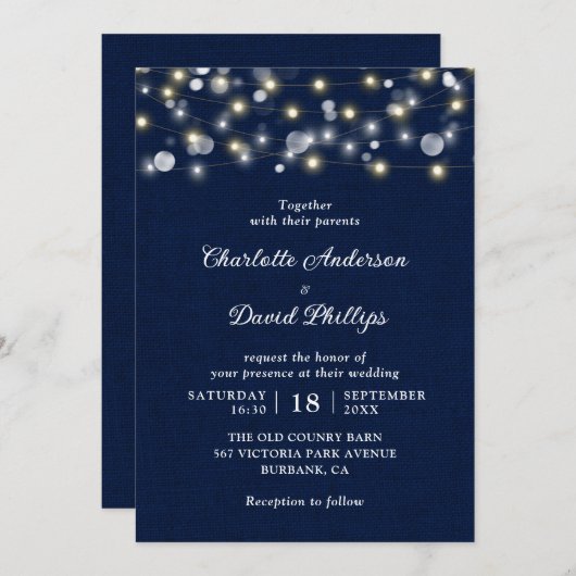 Marine Blauw Rustieke String Lights Bruiloft Kaart (Voorkant / Achterkant)