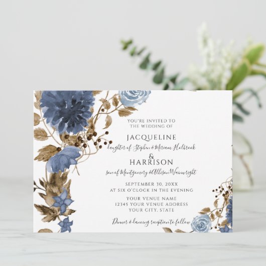 Marine Blauw Stof Bloemige Aardse Gebladerte Trouw Kaart (Staand voorkant)