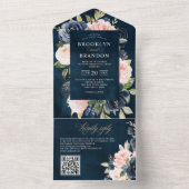 Marine Blauw Stoffig Blush Roze Bloemen Bruiloft Q All In One Uitnodiging (Binnen)