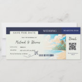 Marine blauw Strand Nautische Boarding Pass bruilo Save The Date (Voorkant)