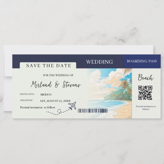 Marine blauw Strand Nautische Boarding Pass bruilo Save The Date (Voorkant)