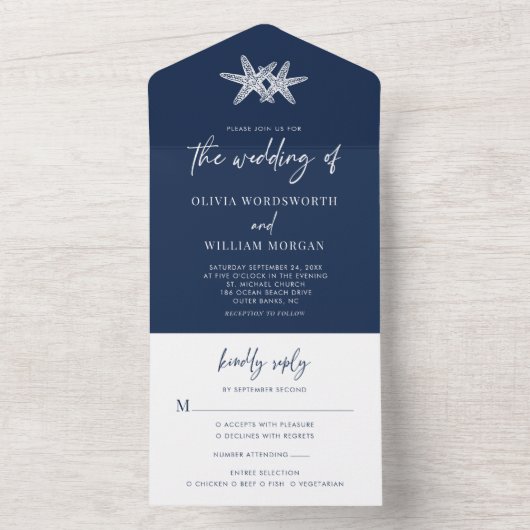 Marine Blauw Strand Zeester Minimale Bruiloft All In One Uitnodiging (Binnen)