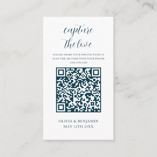 Marine Blauw | White Capture The Love QR-code Informatiekaartje (Voorkant)
